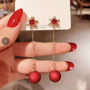 Festive Ruby Red Snowflake Drop Ball Dangle Earrings; Long Chain Winter Ornament